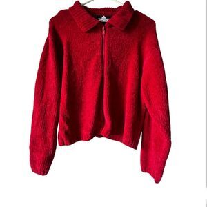 Red cozy sweater Women's cardigan  Large zipped romantic casual fresh luxury L.